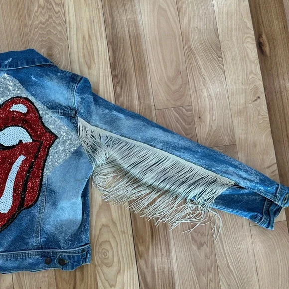Custom Rolling Stones distressed denim jacket with fringe - Small - Picture 2 of 10